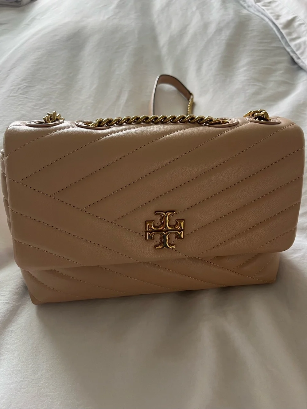 Tory Burch Quilted Chevron Shoulder Bag in Nude Beige with Gold Hardware